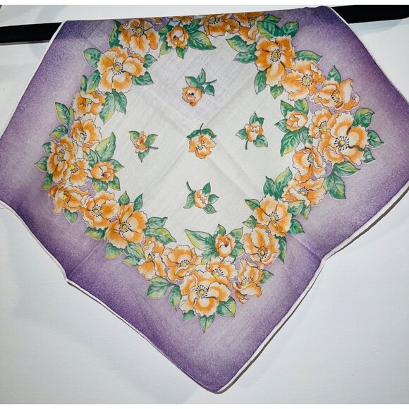 N/A Accessories - Vintage Floral Print Handkerchief With Purple Border